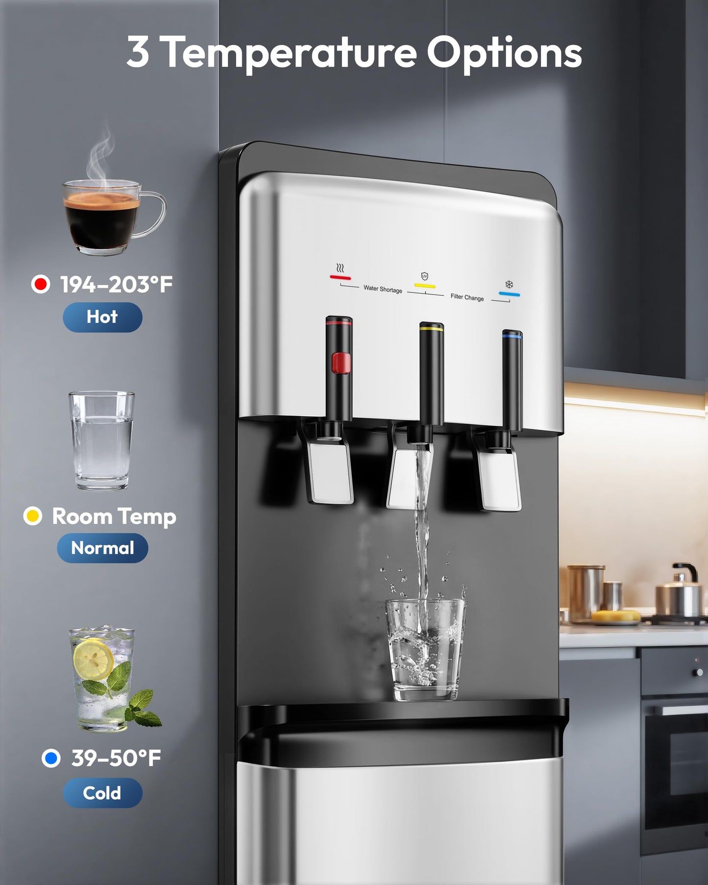 Euhomy Bottleless Water Cooler Water Dispenser, 3 Temperature Settings Hot Cold & Room Water, NSF Certified Dual Filters, Self Cleaning Water Dispenser, Child Safety Lock, LED Indicator, Black