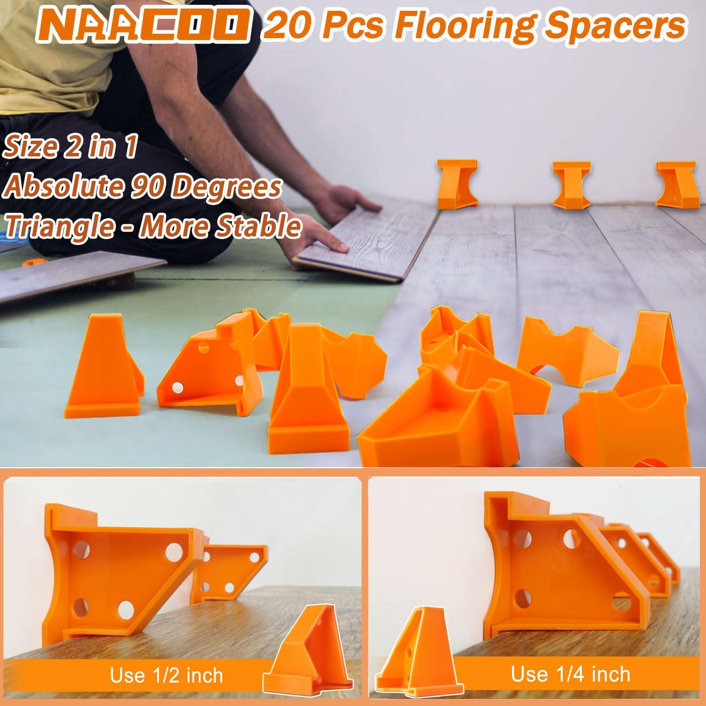 NAACOO Laminate/Vinyl Flooring Tools, Heavy Tapping Block - Knock 1-2 Times, Heavy Pull Bar, 20pc Upgrade Flooring Spacers, Rubber Mallet - Professional 6 in 1 Floor Installation Kit.