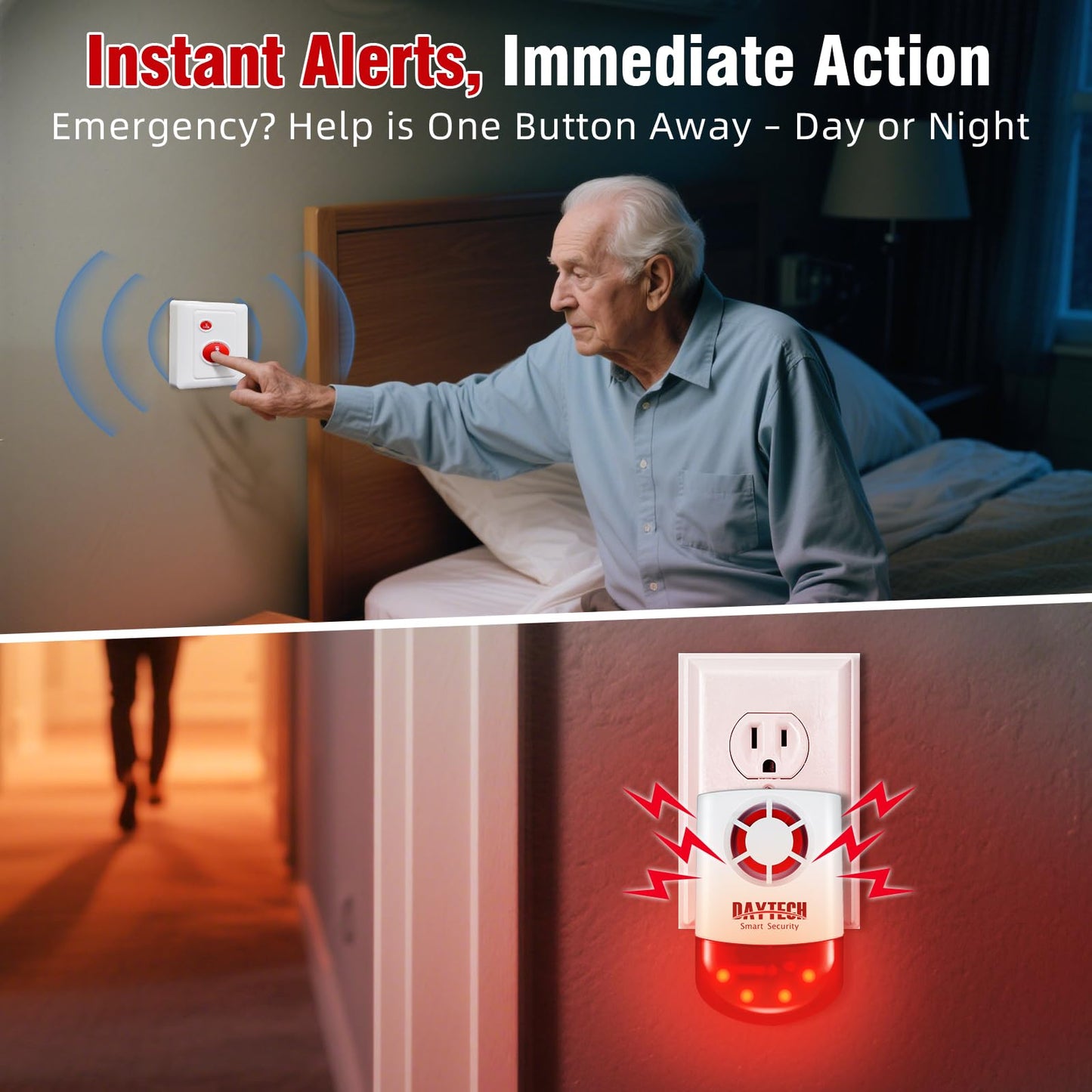 Daytech Strobe Siren Alarm Home Caring Loud Outdoor SOS Alert System 2 Red Flashing Siren 2 Remotes Panic Button 4 Emergency Button for Store Home Hotel Jewelry Shop Security Alarm