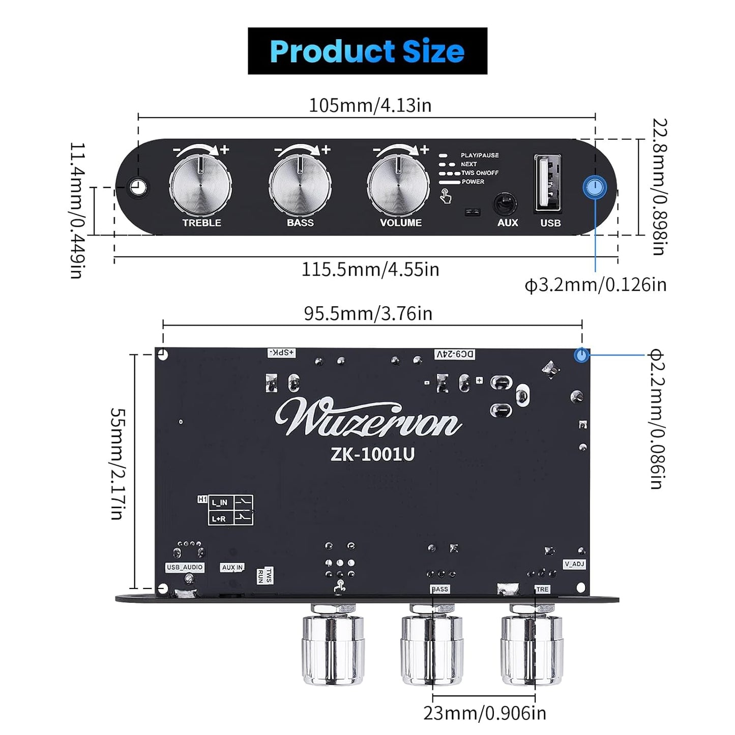 ZK-1001U 5.3 100W 9-24V Amp Bluetooth Mono Amplifier Board with TWS, Mini Audio Amps with Boost for Home Outdoor DIY