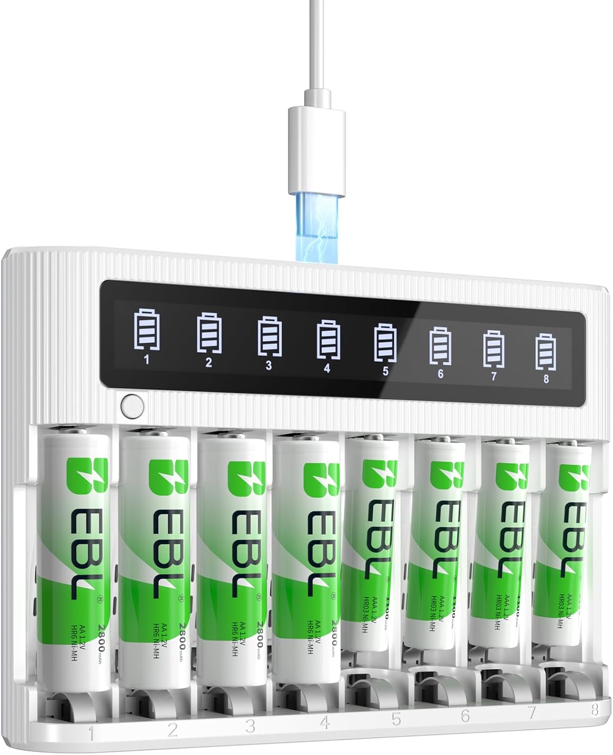 EBL 8 4 2800mAh 4 1100mAh Bay Battery Charger with LCD Screen, Fast Charging for AA AAA Batteries, Includes AA and AAA