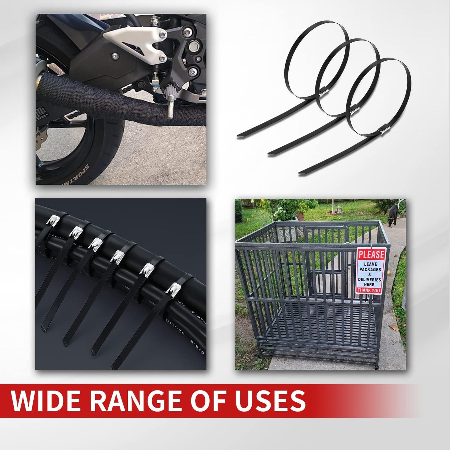 100pcs 11.8 inch 304Stainless Metal Zip Ties black steel Epoxy Coated Cable Tie Multi-purpose Self-locking Cable Ties