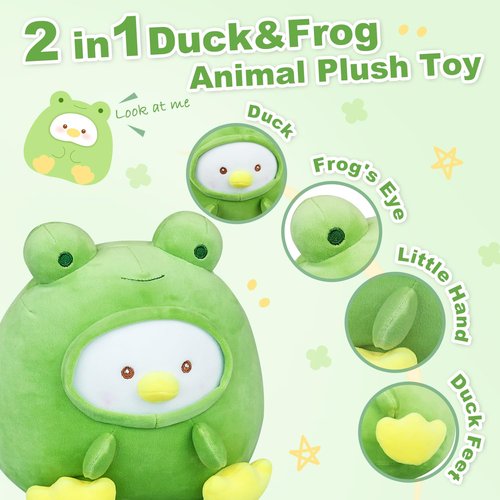 MOIEMIAS Original Adorkable Duck Plush Toy Pillow 9.25″ Cute Frog Stuffed Animal Soft Fluffy Squishy Plushie with Frog Outfit Gift for Kids Bedroom Home Holiday Decoration Pillow Green