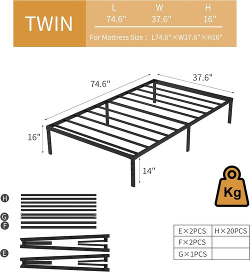 Jetonix Twin Metal Bed Frame - Heavy Duty Sturdy Design with Storage Space | Easy Assembly, Black, 16 Inch