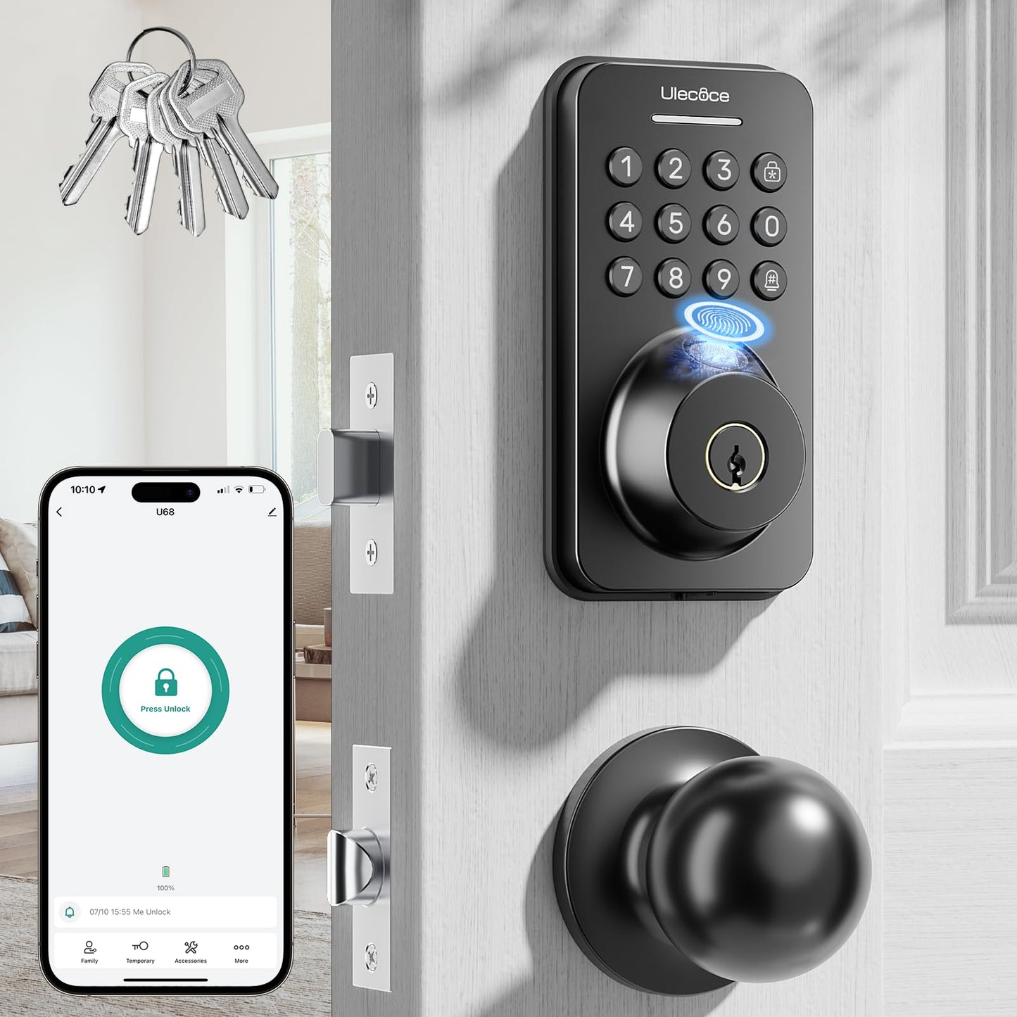 Ulecoce Fingerprint Keypad Deadbolt with Knob Set, Keyless Entry Door Lock with App Control, Door Locks for Front Door, Auto Lock＆One-Touch Lock, 100+ User Codes＆5 Keys, Easy Installation, Matte Black