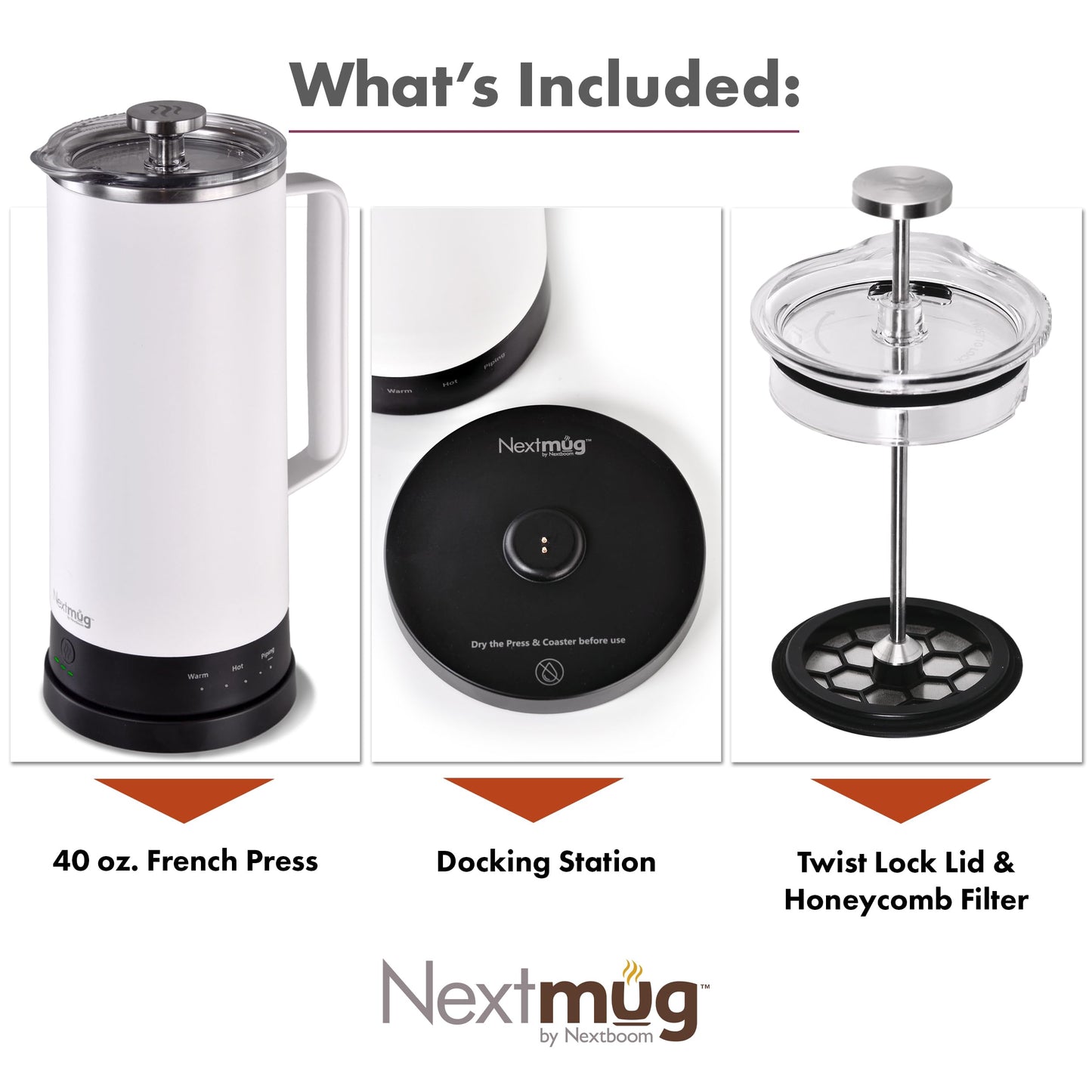 Nextmug Press - Temperature-Controlled, Self-Heating French Press (White - 40 oz.)