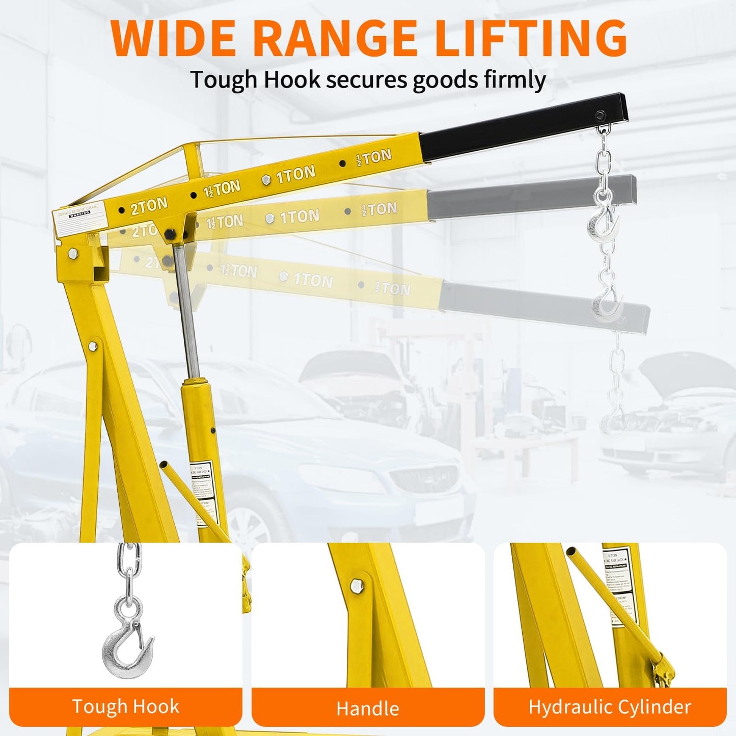 EliteEdge 2-Ton Folding Engine Hoist Cherry Picker 4400 Lb Capacity Hydraulic Shop Crane with Telescoping Boom 6 Caster Wheels for Automotive Repair Garage Use Includes Hitch and Storage Stand Yellow