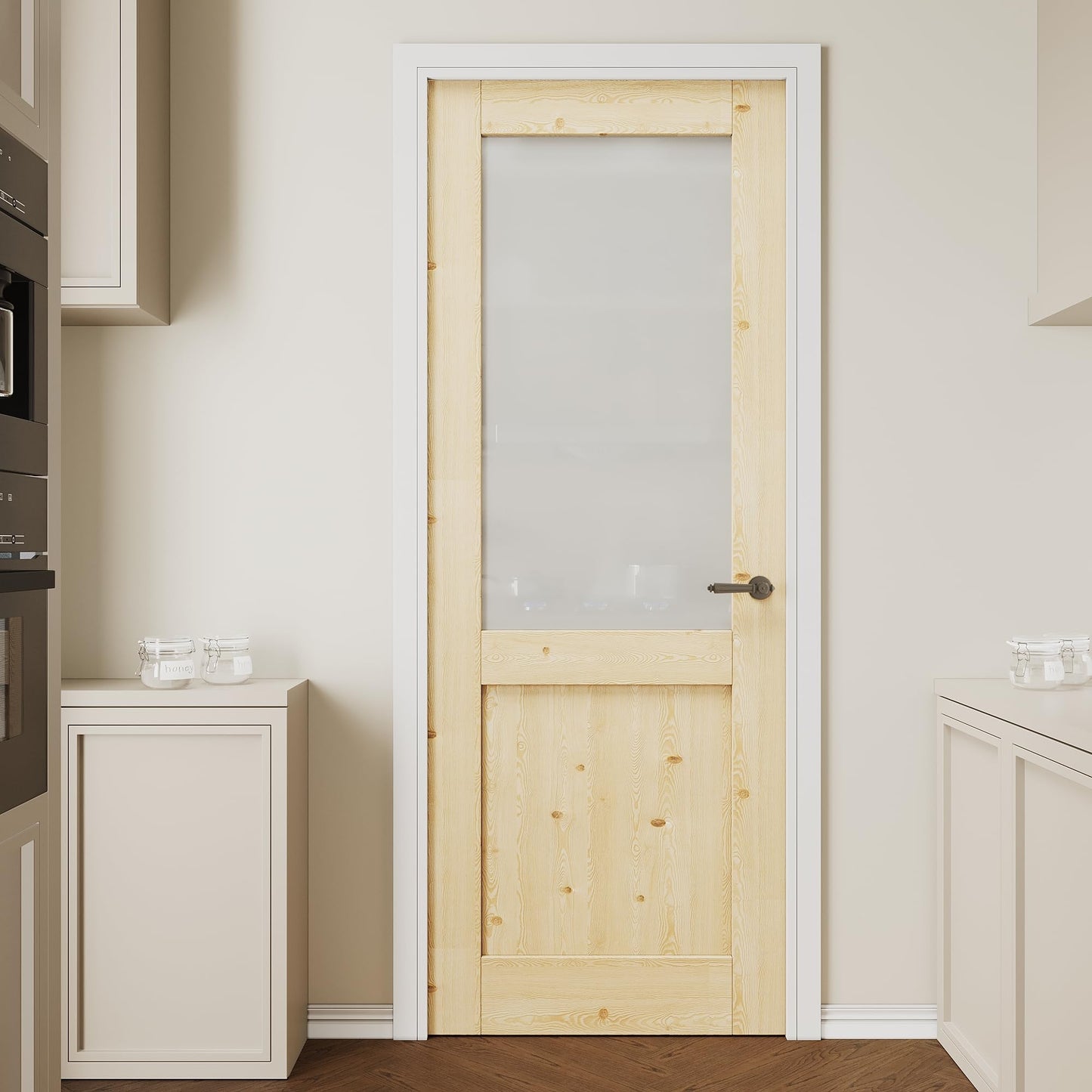 CRUTOP 30"x80" Half Frosted Glass Interior Slab Shaker, Pre-Assembled Panel for Barn Doors, Pocket Door, French Doors; Ideal for Pantry, Bedroom, Closet, Laundry & Bathroom – Solid Knotty Pine Wood