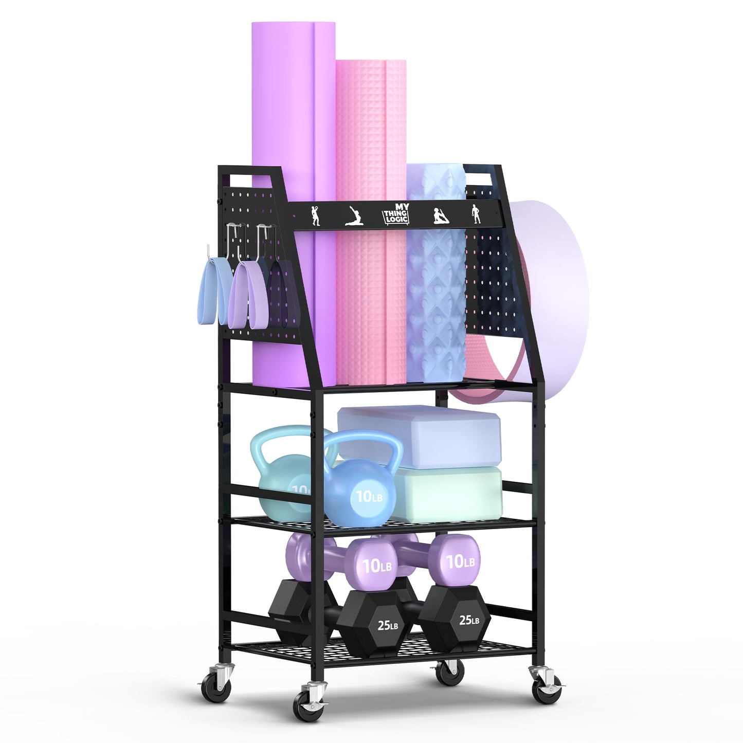 Mythinglogic Yoga Mat Storage Racks,Home Gym Storage Rack for Dumbbells Kettlebells Foam Roller, Yoga Strap and Resistance Bands, Workout Equipment Storage Organizer With Hooks and Wheels (New Black)