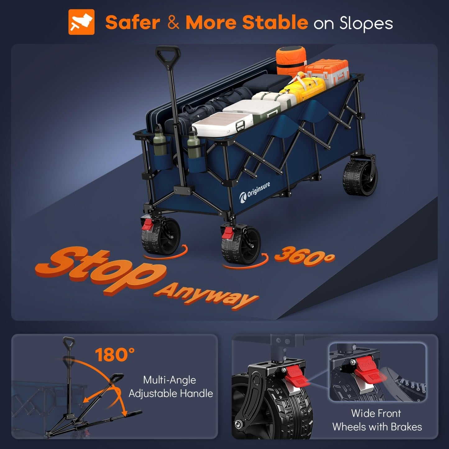 Originsure 48" L Collapsible Wagon Cart Foldable, 560lbs Weight Capacity 300L Heavy Duty Folding Beach Wagons with Big All-Terrain Wheels, Utility Carts for Groceries, Camping, Sports - Blue