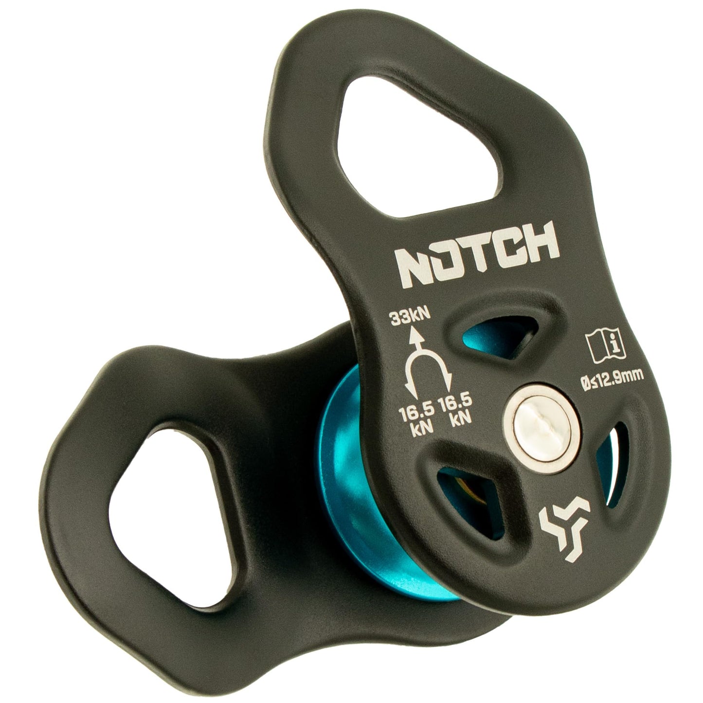 Notch Thirty-Three Micro Pulley with Massive Strength, MBS: 7,418 lbs. (33kN), Purpose-Built for Canopy Use, Mid-line Attachable with Swinging Side Plates, Use with Lines up to 1/2” (12.9mm) (100053)