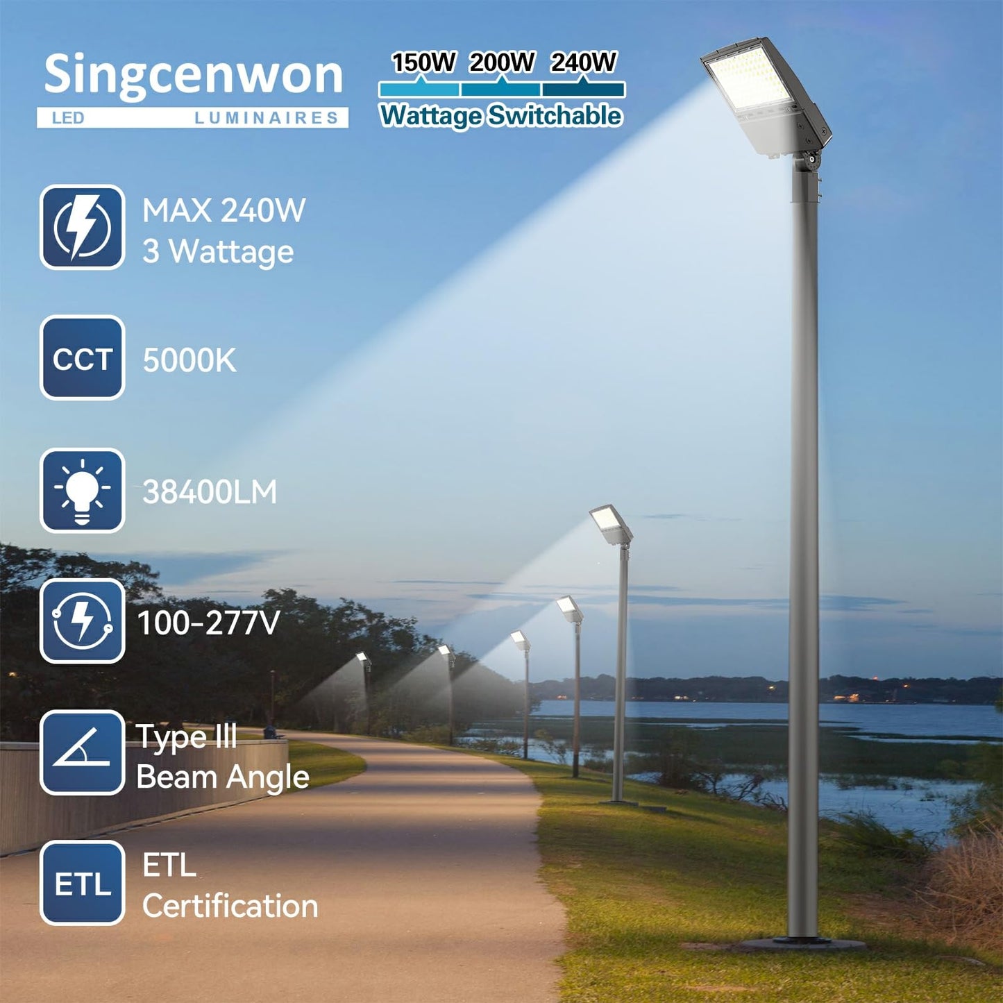 240W LED Parking Lot Light 3Pack: 150/200/240W Selectable, 38400LM 5000K LED Pole Light with Photocell, Slip Fitter Mount LED Shoebox Light for Yard Driveway Stadium Roadways, IP65 100-277VAC, ETL