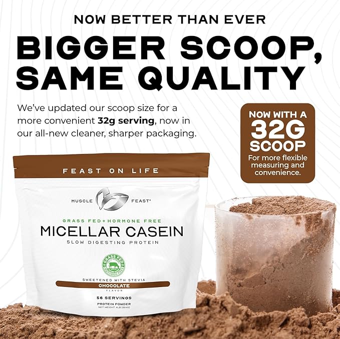 Muscle Feast Grass Fed Micellar Casein Protein Powder, Pasture Raised & Hormone Free, Slow Digesting Casein Protein - Supports Overnight Muscle Recovery, Gluten Free Protein Powder - Unflavored, 4lb