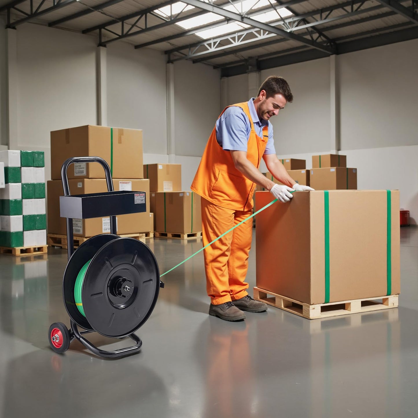 VEVOR Banding Strapping Cart, Fit for PET/PP/Polyester Strapping Coils with 8 inches Core Size, Heavy Duty Strapping Dispenser Equipped with Upgrade Brake System, Built-in Spacious Tray for Tools