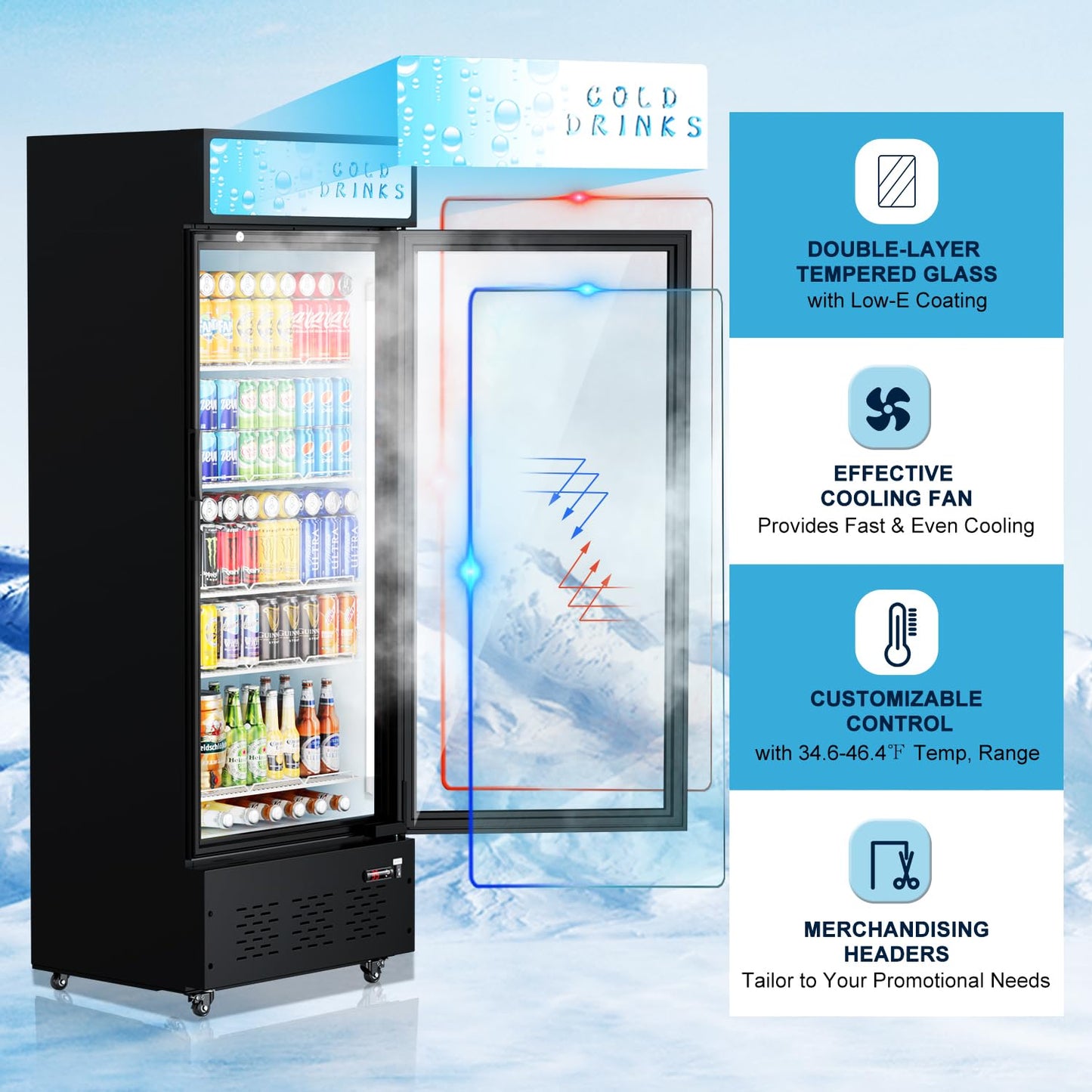 ECEVT 25.7'' W Commercial Refrigerators with Glass Door, 15 Cu.ft. Beverage Refrigerators Commercial Fridge Upright Display Cooler with Soft LED Light and Adjustable Shelves for Restaurant Stores