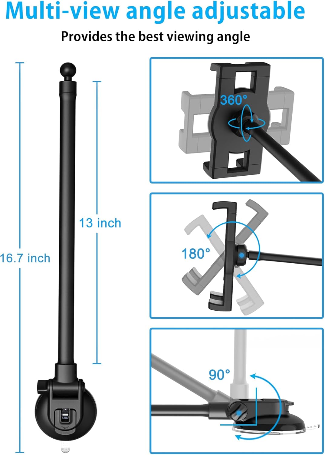 YOOZ [13 inch 4-12.9" Dashboard Windshield Car Tablet Mount Flexible Gooseneck Arm] Super Suction Tablet Holder for Car