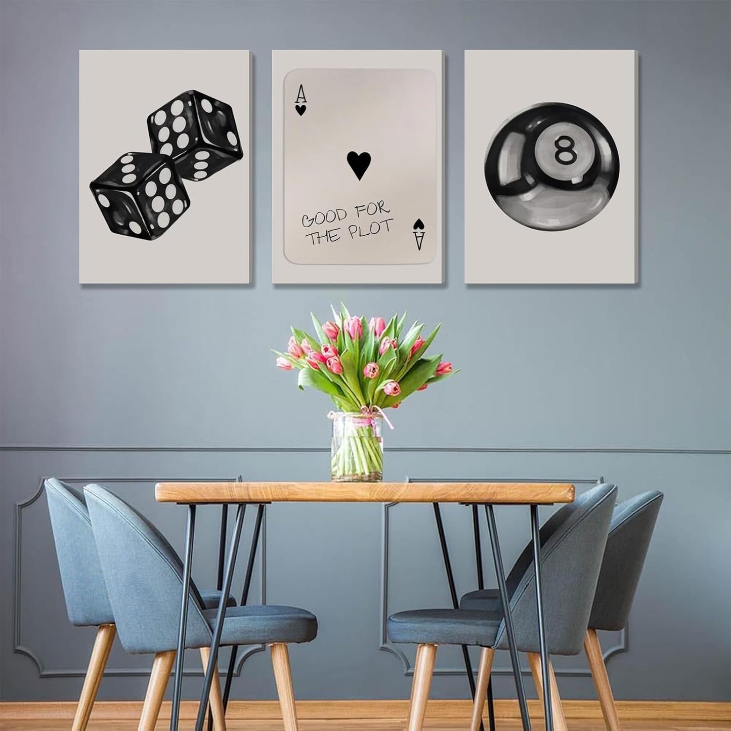 Skiennix 3Pcs Black & White Poker Dice Canvas Wall Art - Retro Y2K Aesthetic Decor | 12x16in Prints for Game Room
