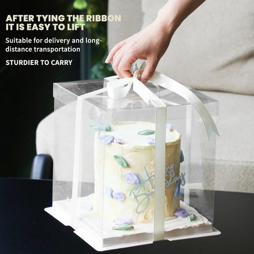 FZJ 24 Pcs Clear Gift Box with Ribbon 2-Layer 8.5x8.5x9 Inch, Transparent Cake Carrier Box with Lids, PET Tall Cake Packaging Boxes, Clear Gift Boxes for Birthday,Wedding and Festival Party