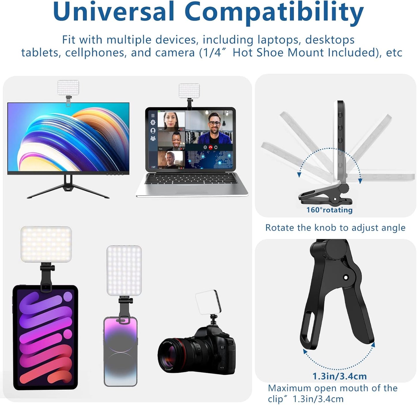 ALTSON 60 2200mAh 97+, 3 LED Portable Selfie Light Video Conference Lighting with Clip & Camera Tripod Adapter