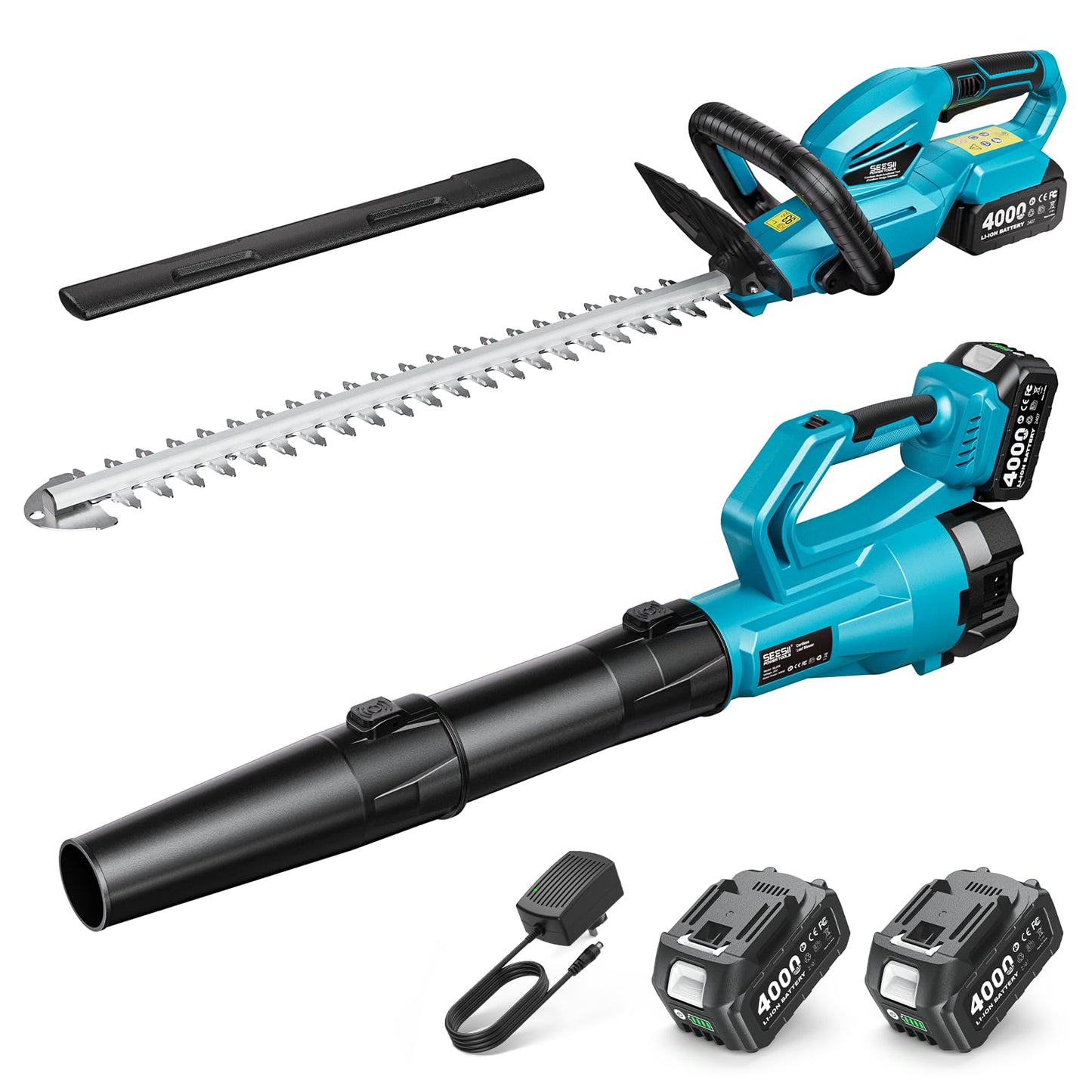 SEESII Cordless Hedge Trimmer and Leaf Blower Combo, 2 Pcs 4.0Ah Batteries, Electric Handheld Bush Trimmer with 20" Dual-Action Blade, Lightweight Brushless Blower with 2 Speed Modes for Yard Garden