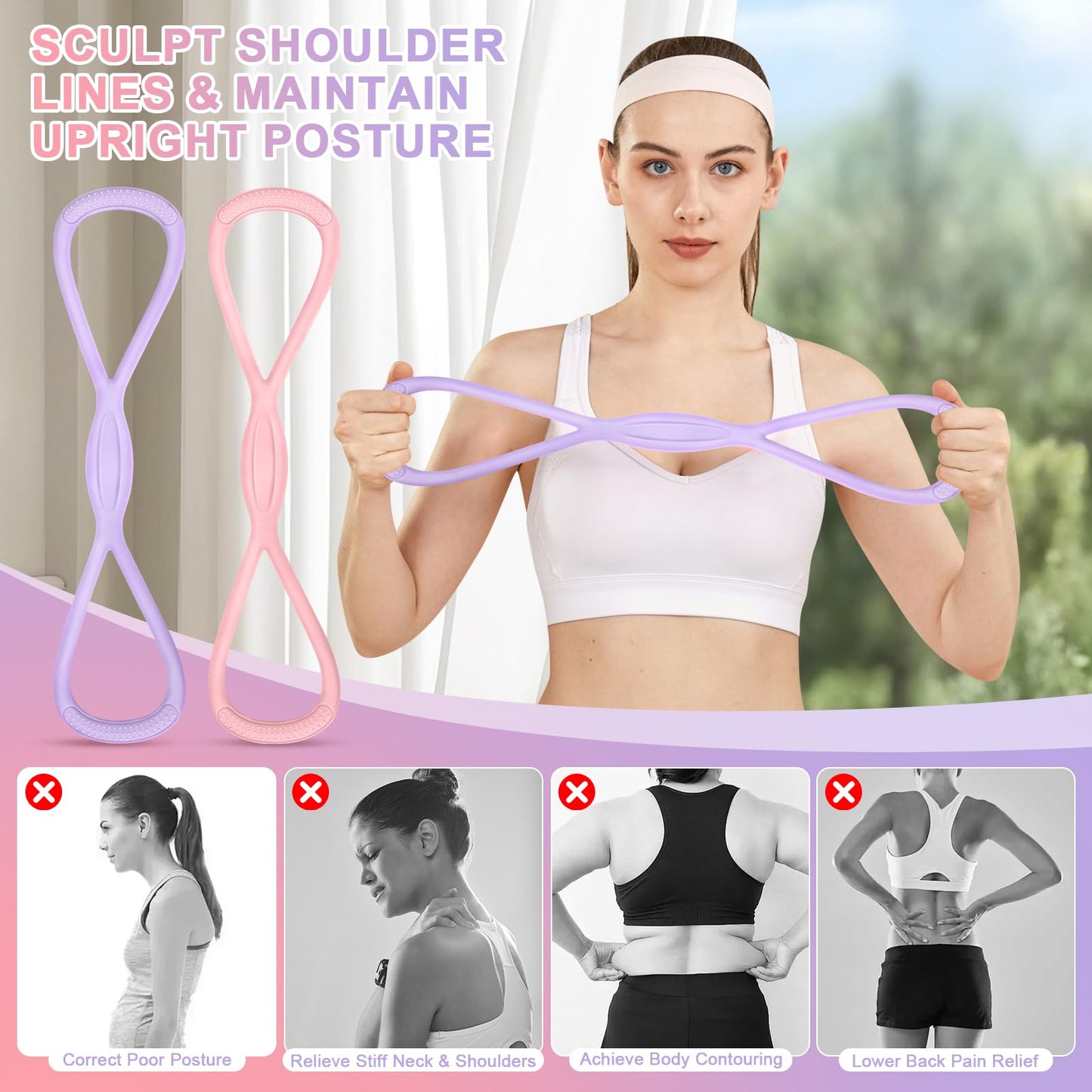 PolaZIA Figure 8 Resistance Band: Resistance Bands with Handles for Working Out - 8 Shaped Resistance Bands for Women - Exercise Bands for Arms - Fullbody Yoga Pulling Rope (15lbs Pink+25lbs Purple)