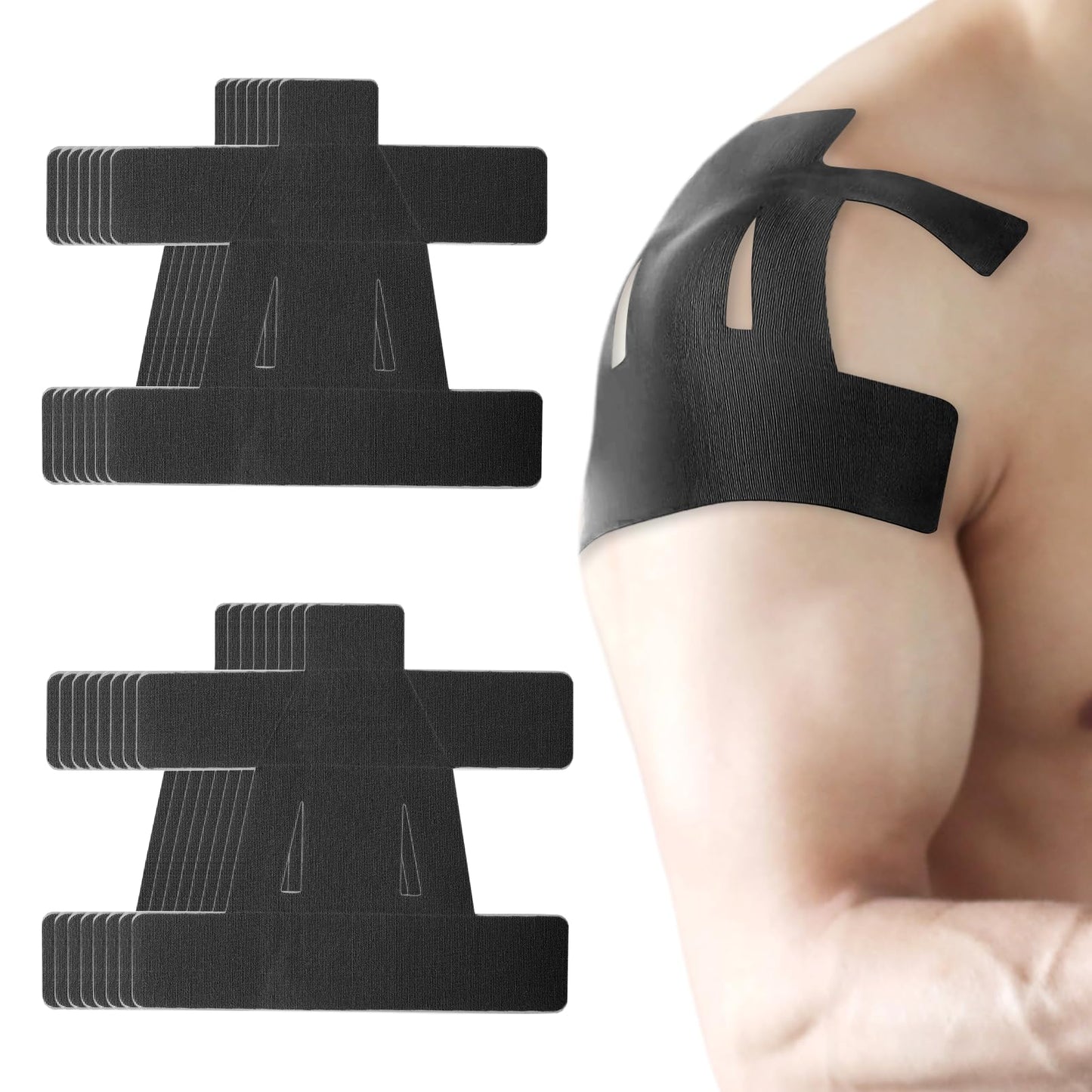 15PCS Kinesiology Tape for Shoulder, Kinesiology Tape Precut Strips for Shoulder Support Support & Stability, Waterproof Breathable Elastic Sports Shoulder Tape for Pain Relief, Athletic Tape, Black