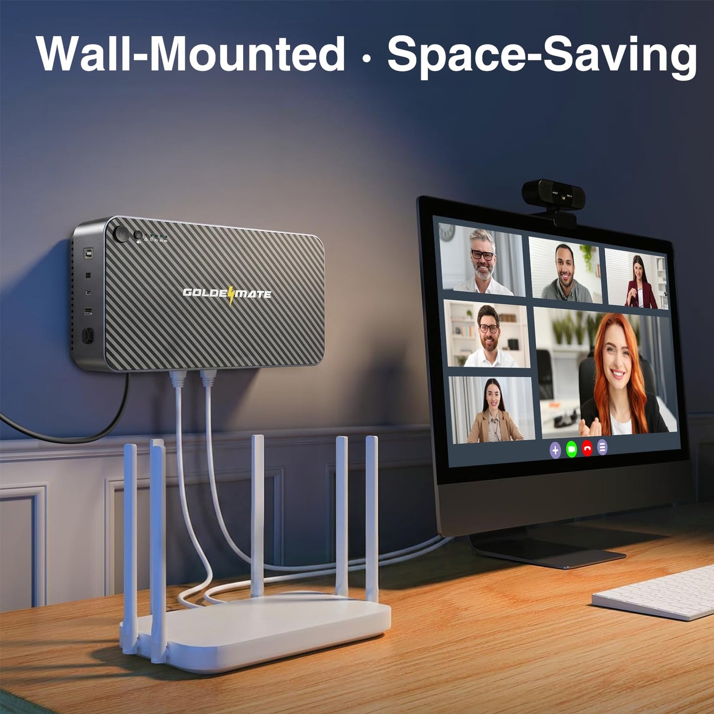 GOLDENMATE 600VA/360W Lithium UPS Battery Backup and Surge Protector, LiFePO4 Battery Backup (76.8Wh), 5 Outlets & 2 USB Ports, Built-in Emergency Light, Compact Wall Mount UPS for Home Office