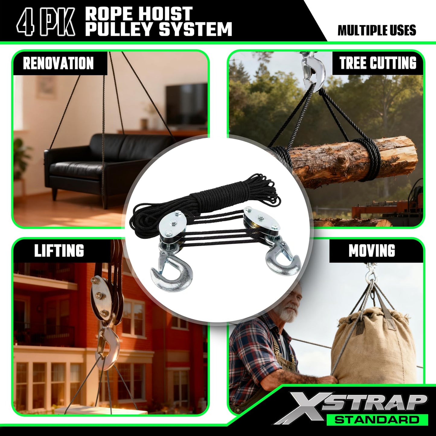 XSTRAP STANDARD Heavy-Duty 2,000 LB Breaking Strength 50 FT Rope Hoist, Metal Wheels Bearing Structure, 1000 LB Work Load Block and Tackle Pulley System for Lifting Heavy Objects, with 2pcs Soft Loops