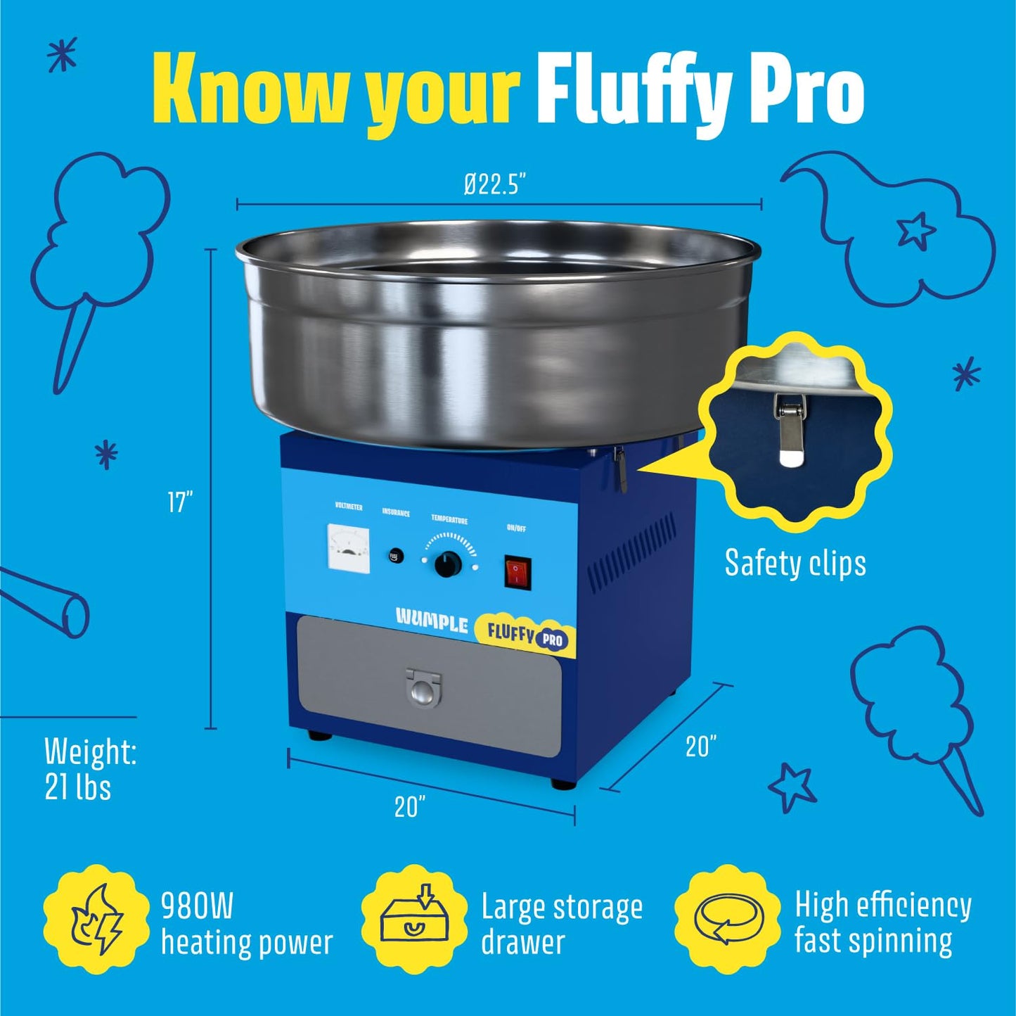 Wumple Professional Cotton Candy Machine - Commercial Electric Maker with Drawer & Large Stainless Steel Bowl - Fast Heat-Up - Perfect for Parties & Business - Blue