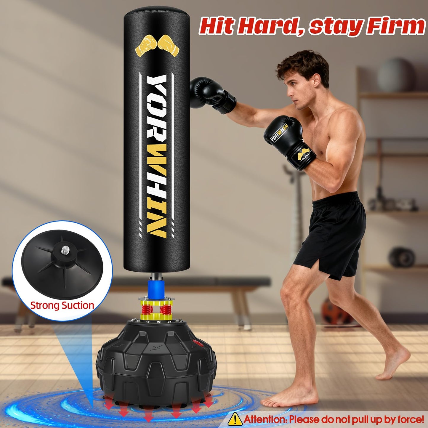 Standing Heavy Boxing Bag for Adult, Freestanding Punching Bag with 12OZ Pro Boxing Gloves and Wrapped Gloves, Boxing Bag with Suction Cup Base, Men Stand Kickboxing Bag for Home Office Gym Training