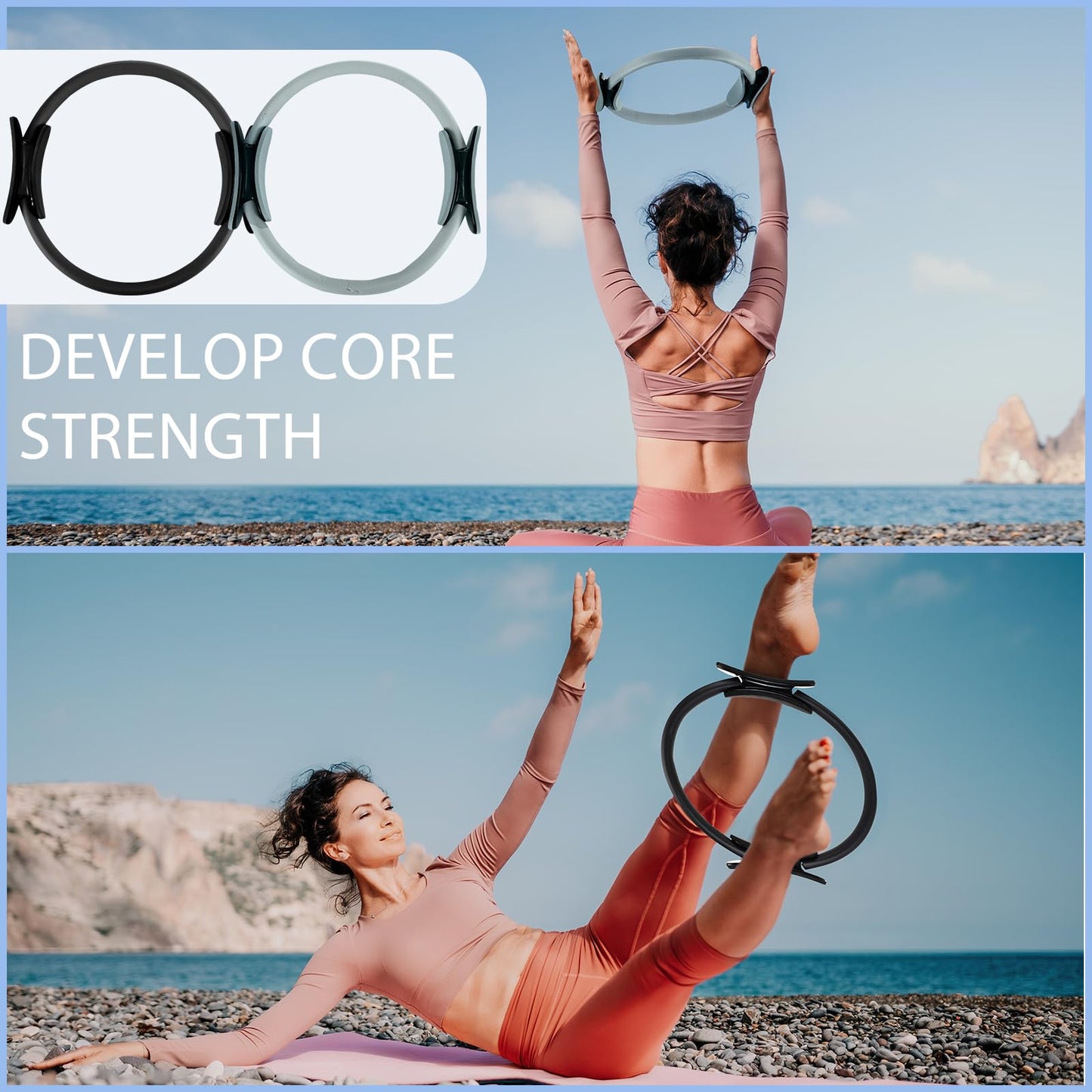 Poen 14 Pcs Pilates Equipment Kit for Home Workout Pilates Ring and Ball Set for Women 12'' Circle Yoga Fitness Essentials Kit with Resistance Bands, Yoga Strap, Socks,Bag (Black,Gray)