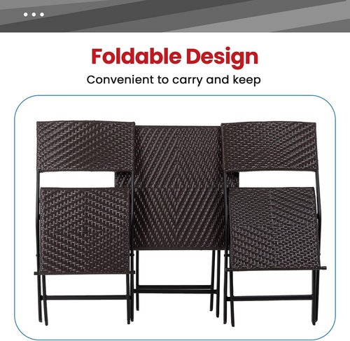FDW Patio Furniture - 3 Piece Folding Rattan Chair Set with Coffee Table - Brown Outdoor Conversation Set