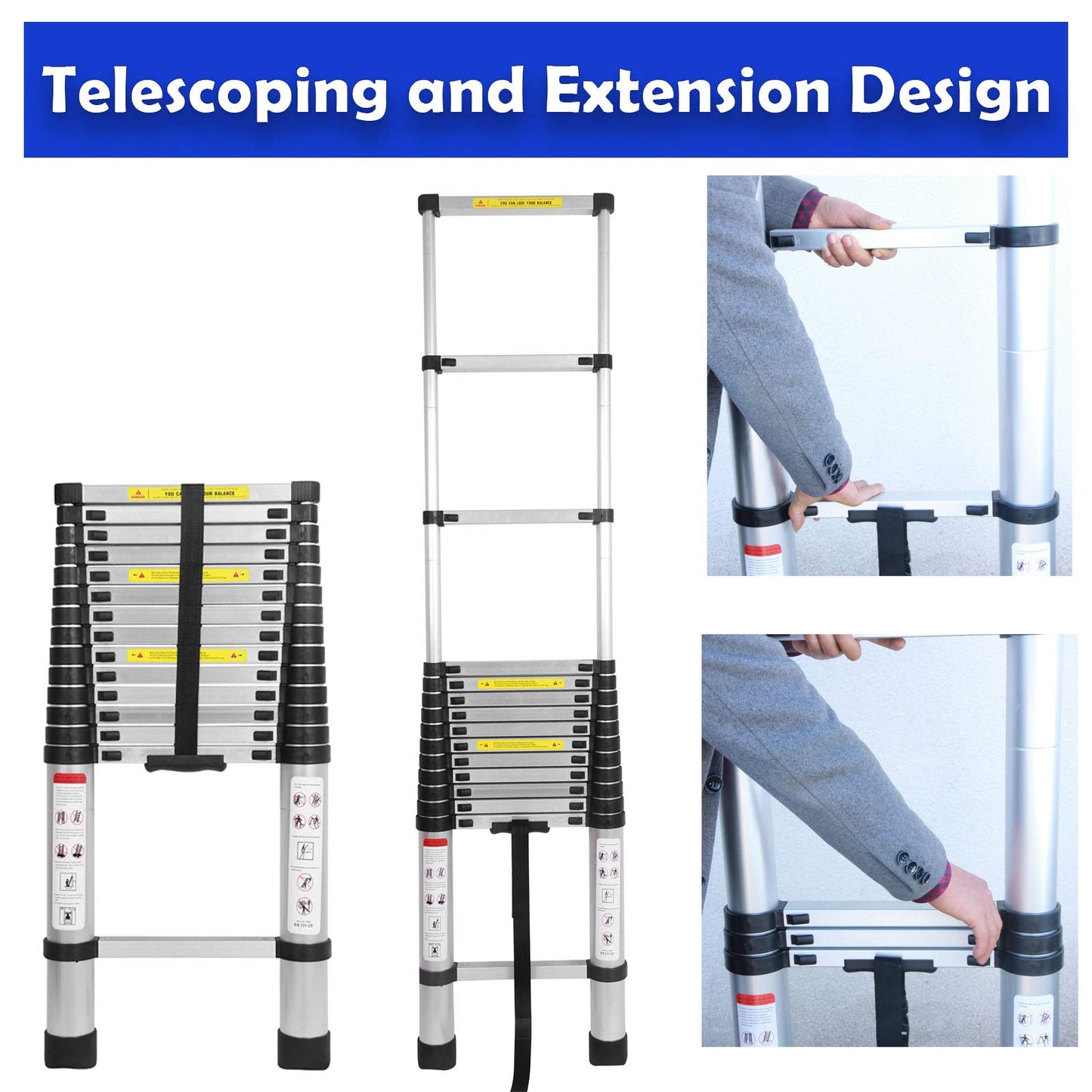 Telescoping Ladder Aluminum 20.3FT 6.2m Extension Ladder with Detachable Hooks, EN131 Standard 330lbs Load Capacity, Adjustable Height Portable Home Step Ladder Weights 36lbs