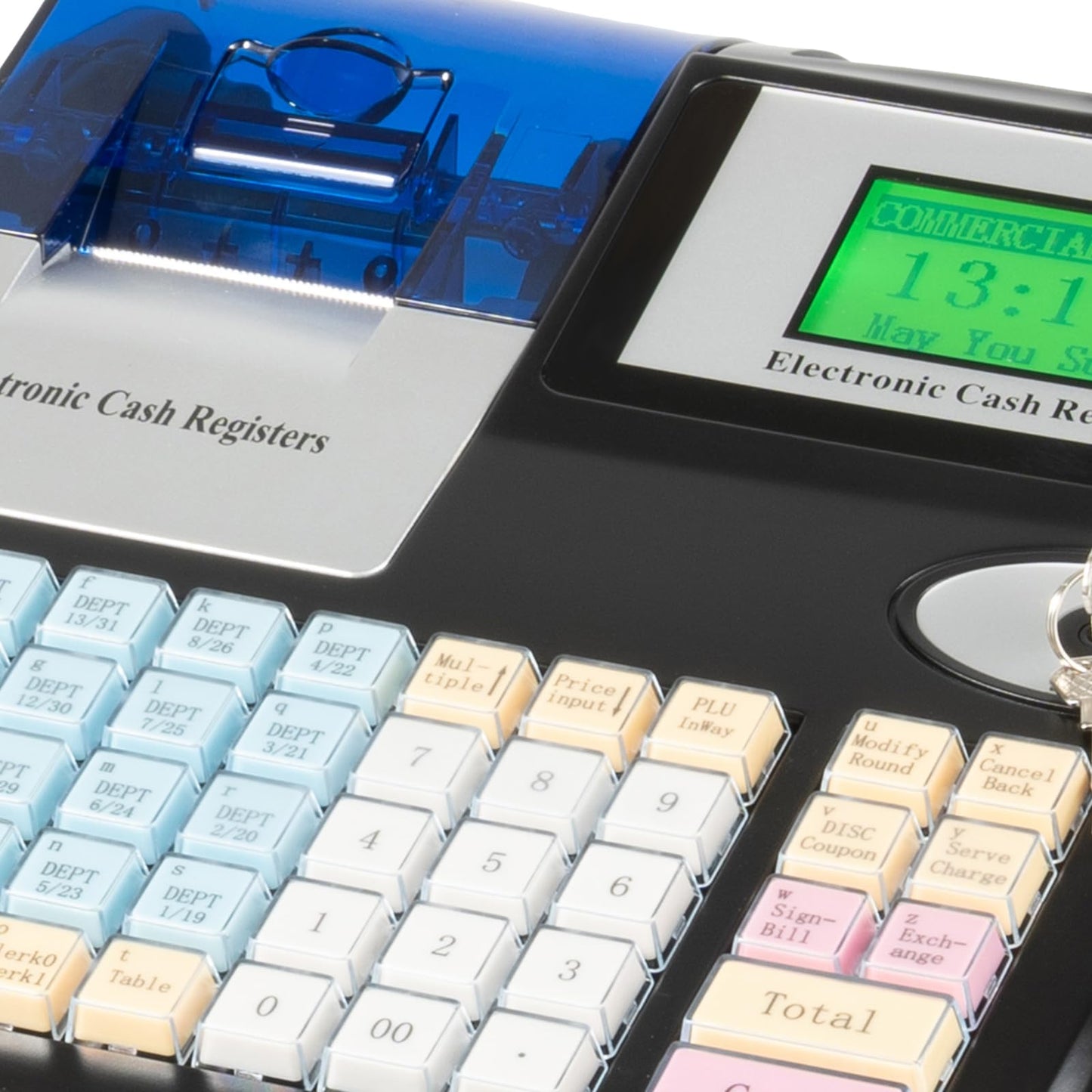 Electronic Cash Register Commercial Cash-Register with Thermal Print Head and 8-Digit LED Customer Screen 48 Keys Keyboard and Cash Drawer Register for Shops, Supermarkets, Restaurants (Black)
