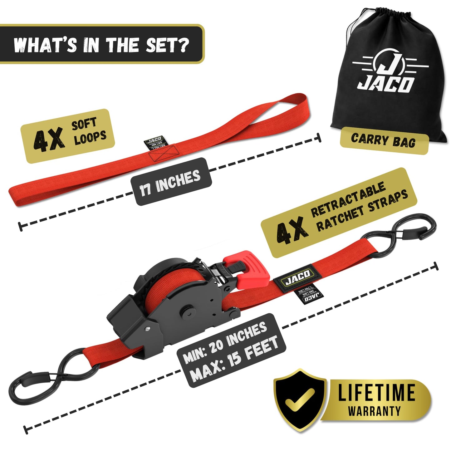 JACO Retractable Ratchet Straps Tie Down Kit (4-Pack) - 1 inch x 15 ft. (1,763lb Break Strength) (Red)