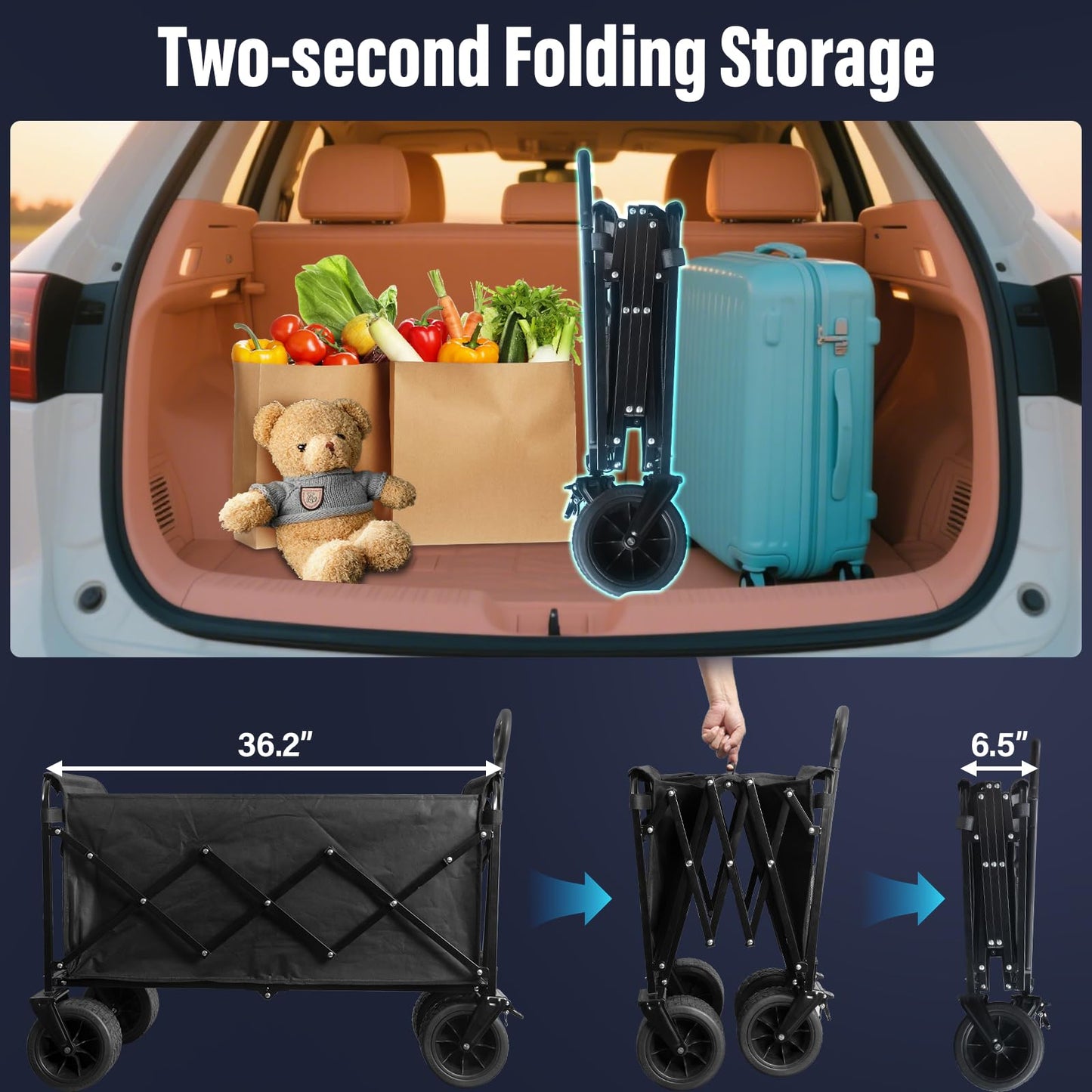 Collapsible Wagon Cart, 650lbs Capacity 300L Folding Utility Wagon with All-Terrain Wheels & Brakes, Heavy Duty Foldable Beach Cart for Groceries, Camping, Sports, Shopping