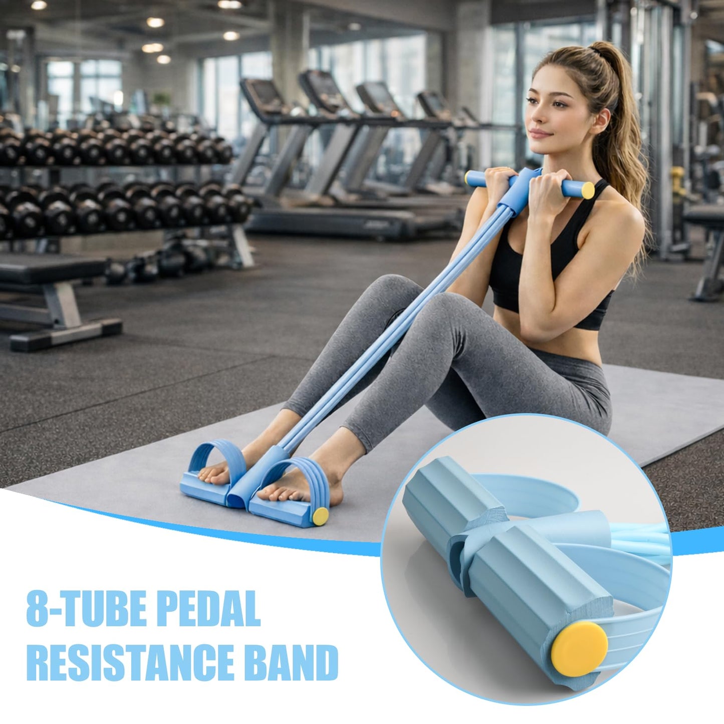 8-Tube Pedal Resistance Band with Handles, Multifunctional Pedal Resistance Band Made of Natural Rubber, Fashion Puller Exercise Equipment for Full Body Strength, Toning & Stretching(Blue)