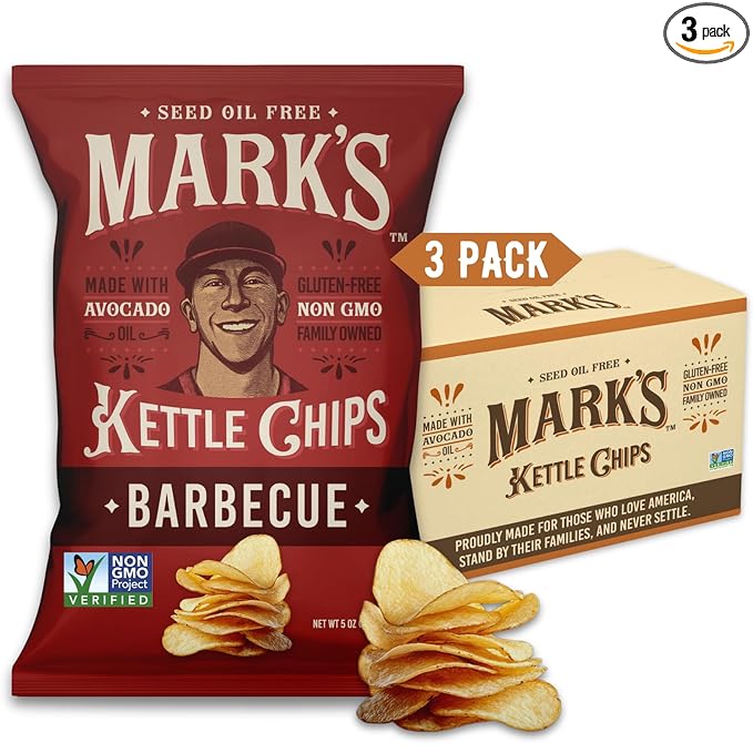 MARK’S Kettle Cooked Avocado Oil Potato Chips, BBQ – Seed Oil & GMO Free | Barbecue, 5 oz (Pack of 3) | Gluten Free, Non-GMO, Chips for Clean & Healthy Snacking
