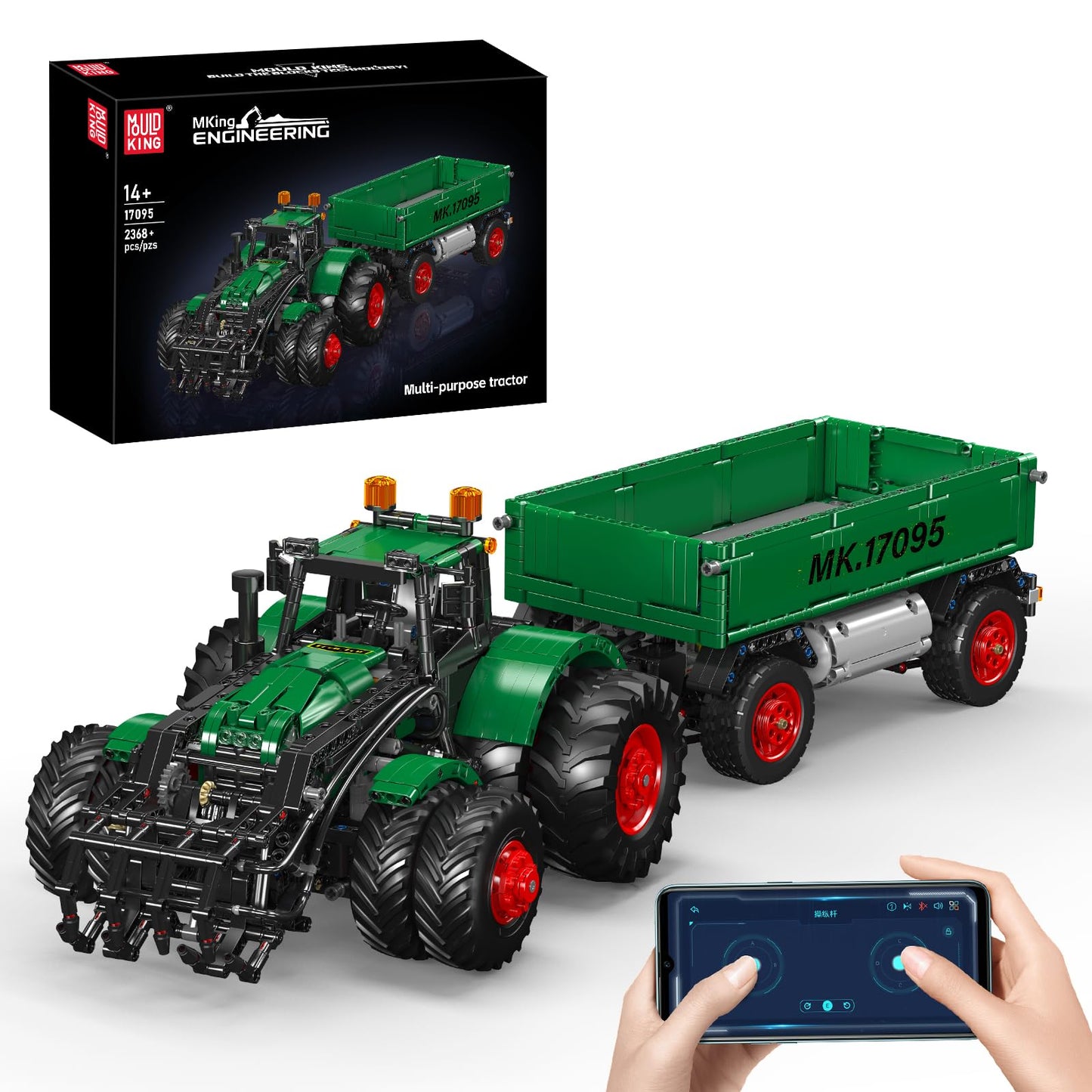 Mould King 17095 Farm Tractor with Trailer, Remote Control Tractors Building Set with 4 Motors, Buildabe Farm Vehicle Toy to Play, Construction Car Model for Adults, Ideal Gifts (2368 Pieces)