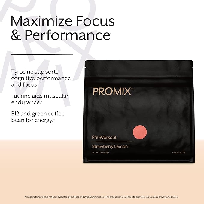 Promix Pre-Workout Powder, Strawberry Lemon ??Boosts Focus, Energy & Endurance ??With Caffeine, B12, Beta-Alanine & L-Tyrosine ??Gluten & Dairy-Free, 10.05 oz