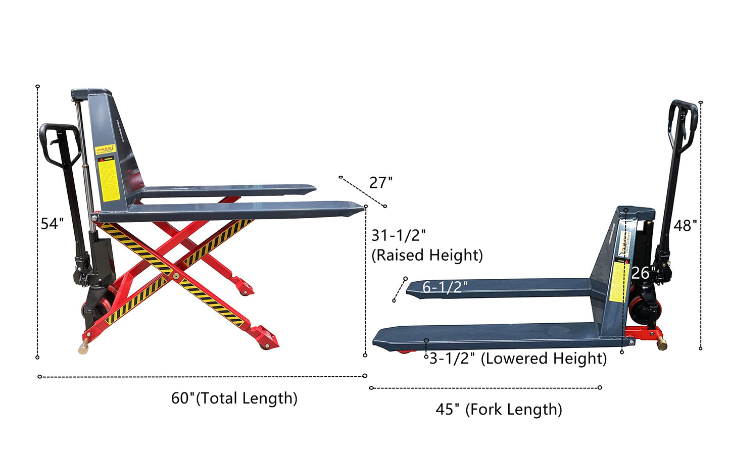 3300LB. Cap, 27" x 45", Lift Height: 3-1/2" to 31-1/2", Manual High Lift Tote Lifters for Skid/Single Sided Pallet Pake Handling Tools