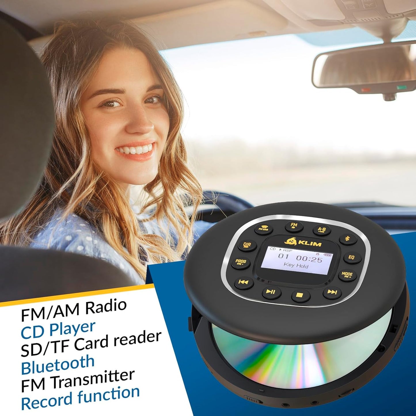 KLIM MP3 Journey - Portable CD Player Walkman with Long-Lasting Battery - New - with Headphones - Radio FM - Compatible
