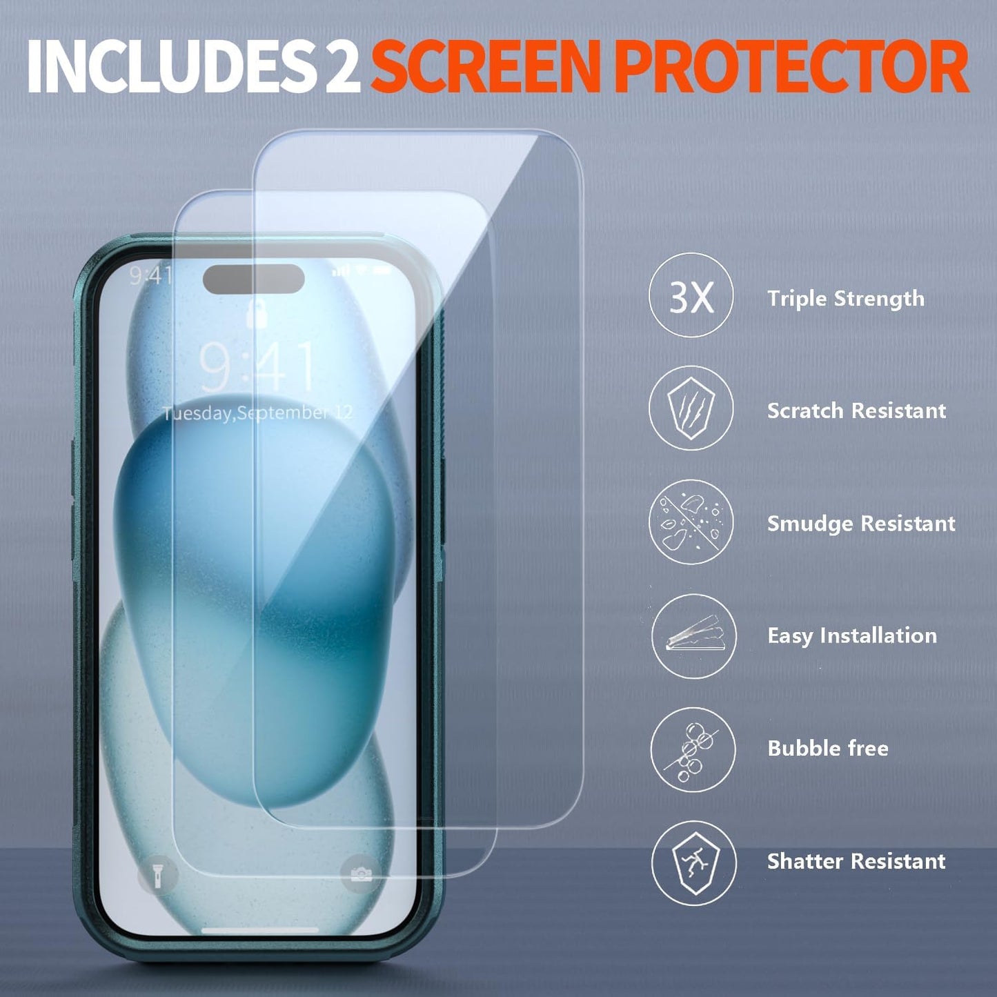 AEDILYS 15 Case,[15 2X Shockproof for iPhone FT Military Grade Drop Protection],with [Tempered Glass Screen Protector ]