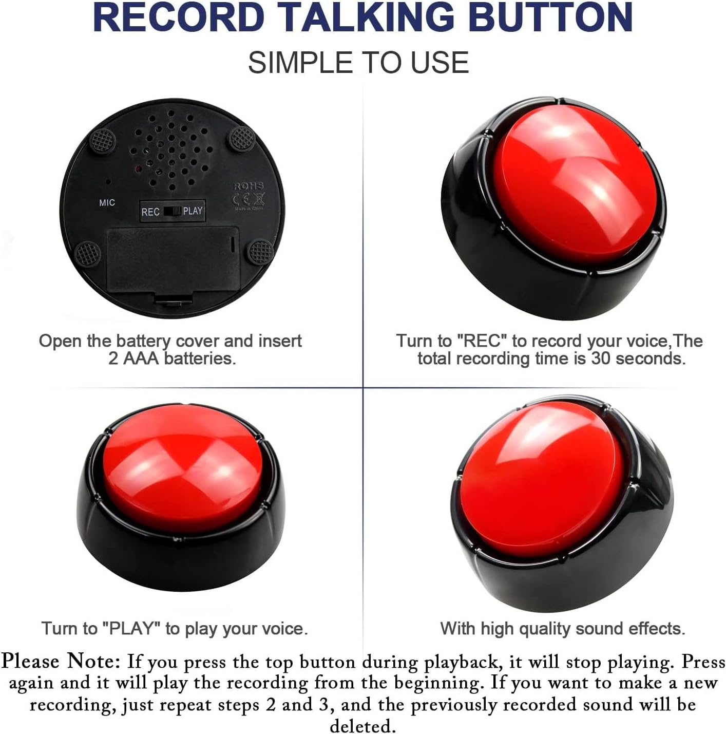 MOYEIKH 30 Communication Recordable Button Voice Recording Button Seconds Recording Talking Button Easy Buttons
