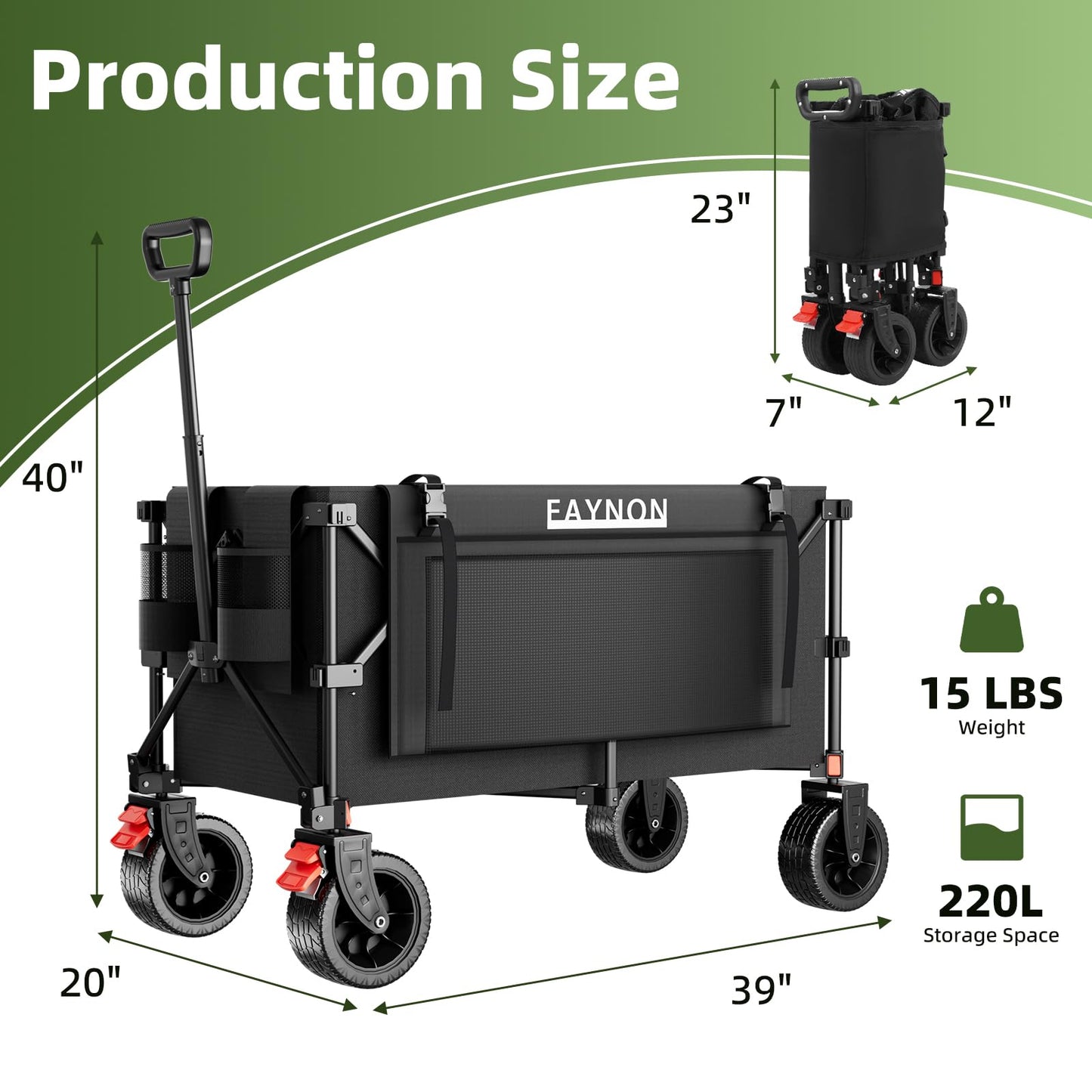 EAYNON 38" L Collapsible Foldable Extended Wagon,440lbs Weight Capacity with 220L Heavy Duty Folding Cart, Utility Wagon with Side Storage Pockets& Drink Holders,Black