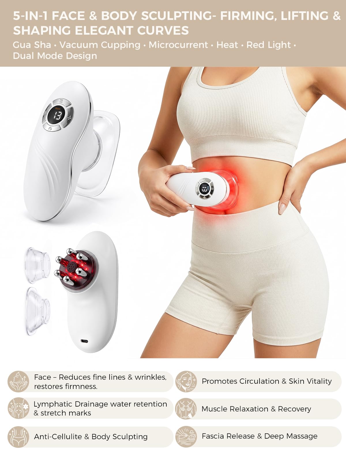 Poeruo 5-in-1 Face & Body Sculpting Machine, Gua Sha & Vacuum Cupping Massager, Lymphatic Drainage, Anti-Cellulite & Skin Firming Care for Belly, Arms, Legs, Waist & Back
