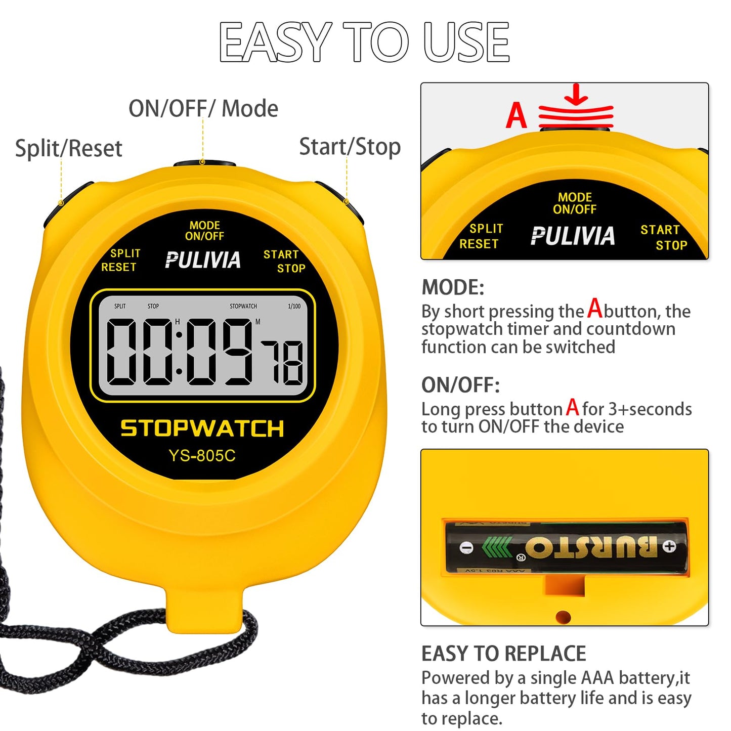 PULIVIA Stopwatch Timer with Countdown, Simple Operation Digital Stop Watch for Sports, Countdown-Alarm Button-Sound, AAA Battery Included (Yellow)