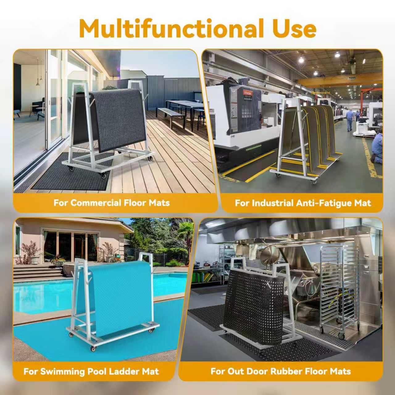 Wash Rack and Mat Transporter, Floor Mat Cart with Casters Commercial Floor Mat Rack with Four Short Rods 42“ L x 28” W x 40“ H