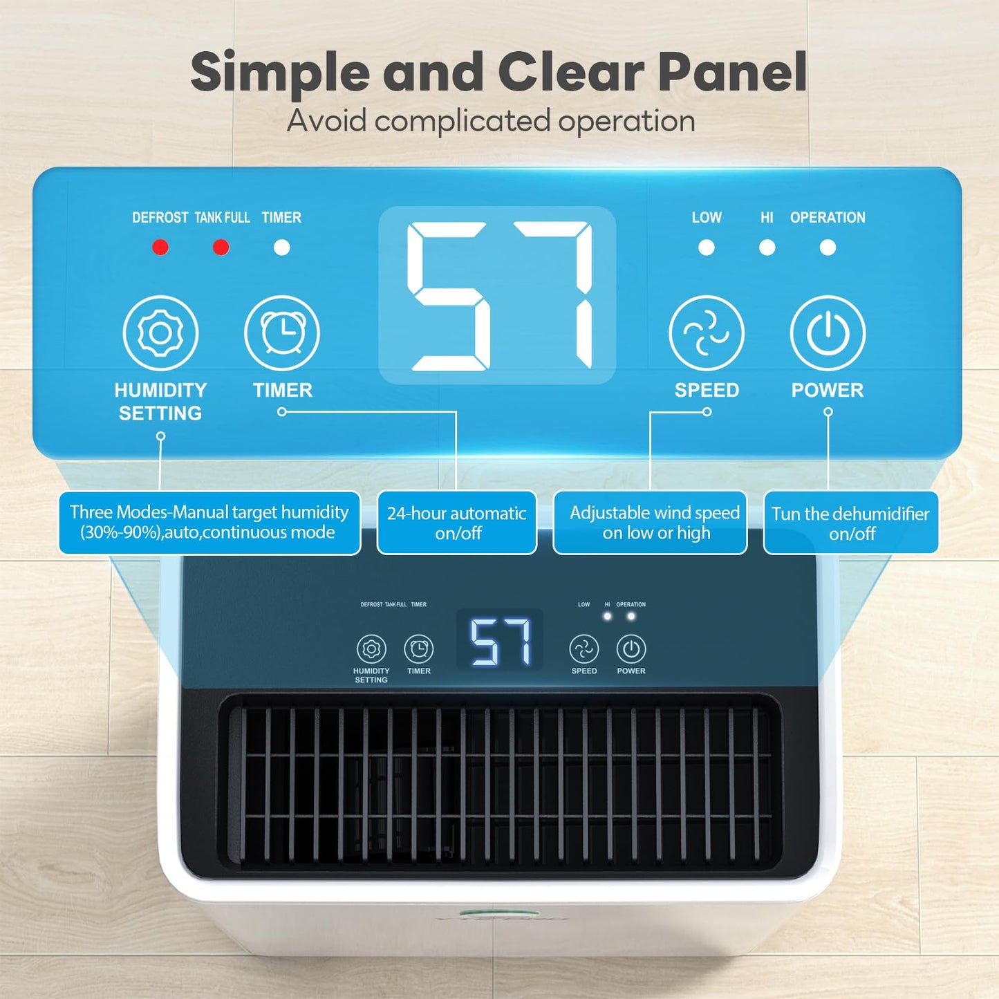 FreAire 2500Sq.Ft Dehumidifier, 34Pint Dehumidifiers for Home, Quiet Dehumidifier for Basement, Bedroom, Bathroom, with 6.56FT Drain Hose, 0.66Gal Water Tank, 3-Color Humidity Light