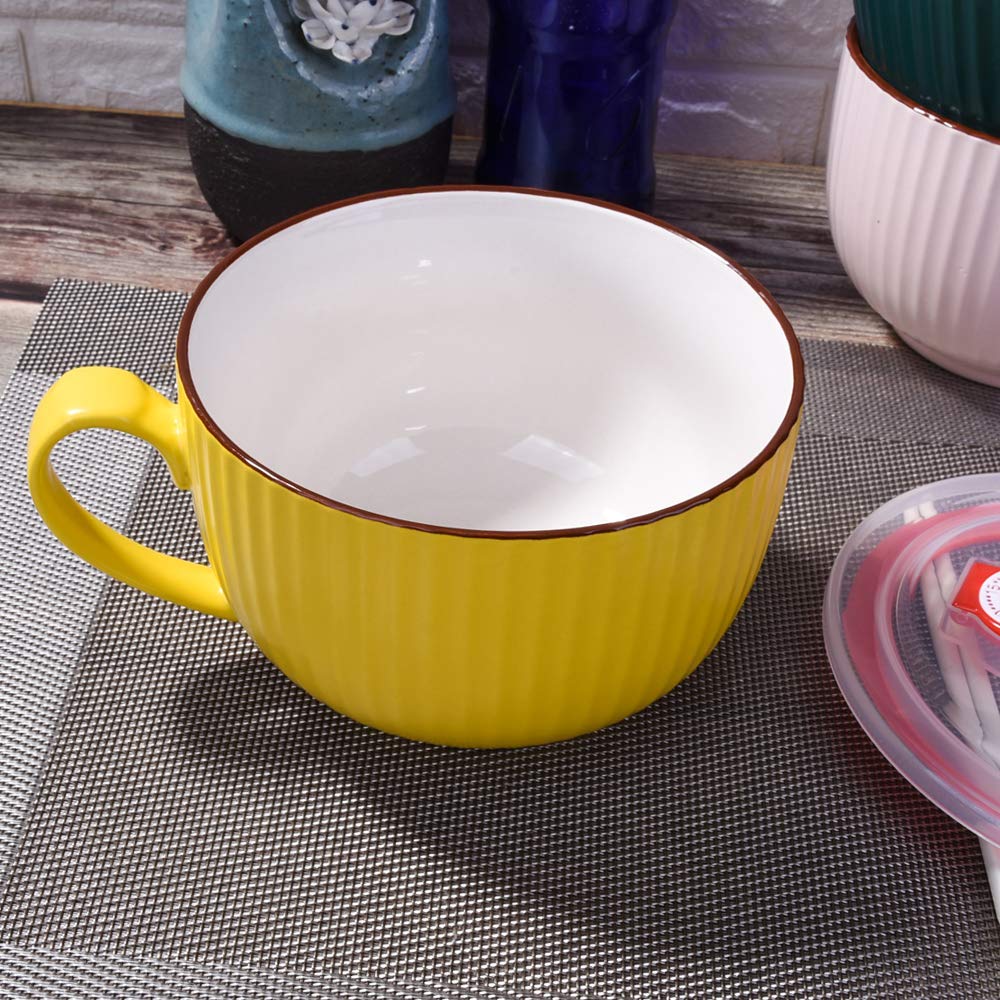 BOSILI 24oz Ceramic Soup Mug with Lid and Handle, Large Microwave Ramen Bowl for Dorm & Office, Vibrant Yellow Ribbed Cereal Cup for Oatmeal & Soup, Dishwasher & Fridge Safe, Gift for Roommates